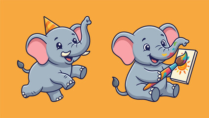 Naklejka premium Cute cartoon elephant characters painting and celebrating with party hat