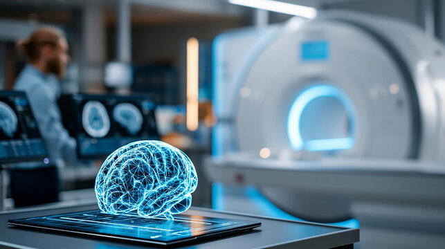 Futuristic MRI scanner visualization with glowing blue wireframe design in modern medical imaging facility with brain scans on monitors in darkened radiology department,