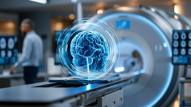 Futuristic MRI scanner visualization with glowing blue wireframe design in modern medical imaging facility with brain scans on monitors in darkened radiology department,