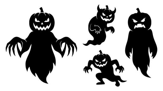 Spooky Halloween pumpkin ghost silhouettes with scary faces in a dynamic arrangement for festive design