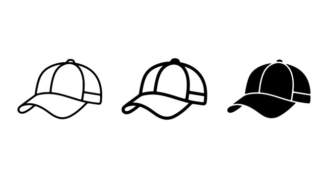 Baseball Cap Icons, Simple Outline and Solid Black Vector Graphics, Headwear Set