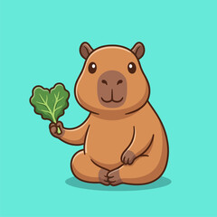 Fototapeta premium Cute Capybara Character Holding a Green Leaf Illustration Vector