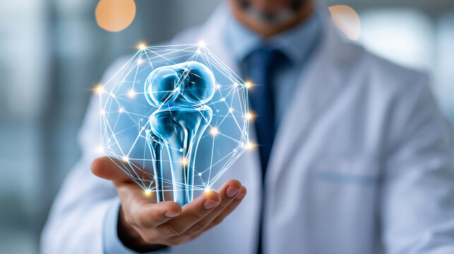 Innovative medical technology for joint health showing futuristic knee joint analysis in professional setting, orthopedic technology concept, healthcare marketing photography,