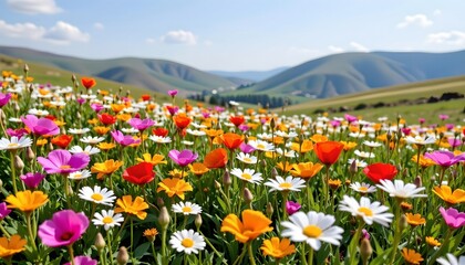 Obraz premium Blooming Wildflowers Sunlit Meadow with Rolling Hills