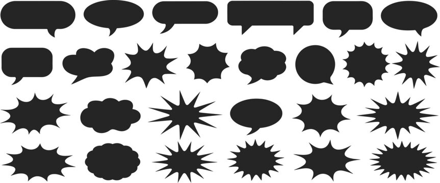 Comic speech bubble silhouettes featuring burst shapes, text boxes, dialog elements, and retro pop art vector graphics.