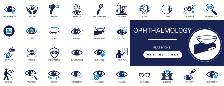 ophthalmology solid icon set. ophthalmology, eye, optometry, vision, care, clinic, optician, surgery, laser medical test. editable vector illustration collection., medical eye care