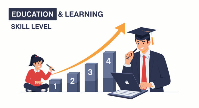 Illustration of a young girl and man progressing through skill levels in education