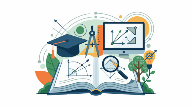 Illustration of an open book with a graduation cap and computer surrounded by various educational and scientific symbols