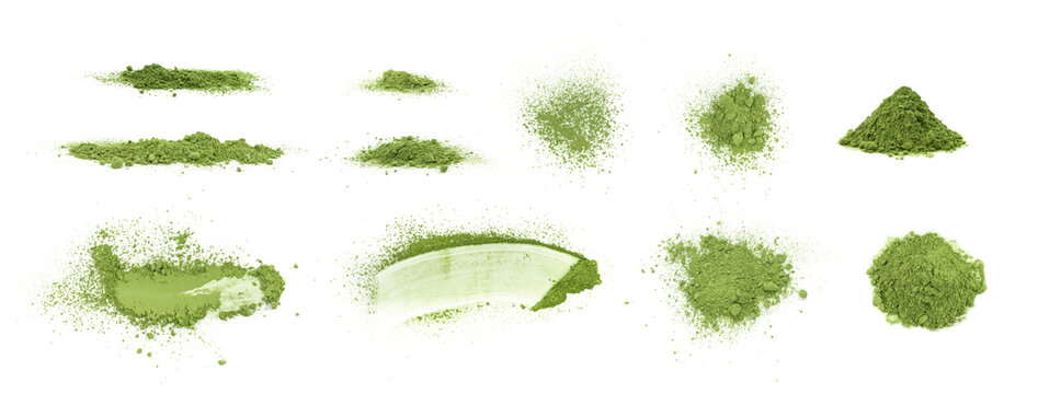 Green clay powder isolated, face mask on white background