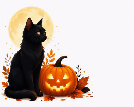 Black Cat with Jack O Lantern Pumpkin Halloween Flat Illustration