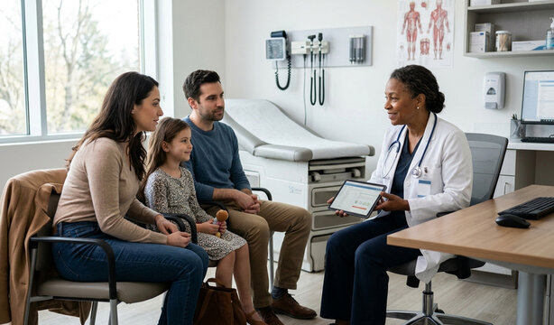 Family Physician Consulting Parents and Child During Routine Medical Appointment in Modern Clinic
