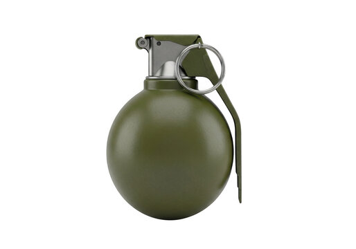 Military fragmentation grenade with safety pin and lever isolated on transparent background