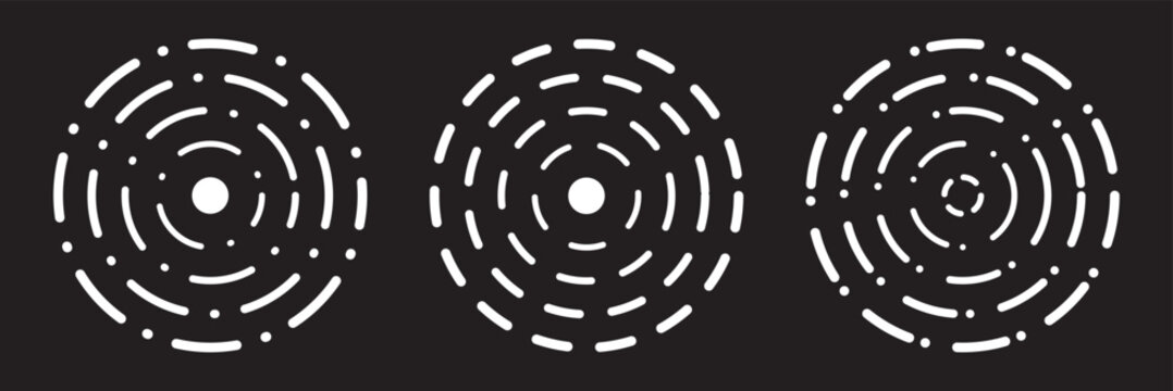 Concentric circle ring outlines set in multiple stroke styles. Concentric circles vector, radial rings pattern, circular line design. Geometric circle rings, round symmetry shapes, vector illustration