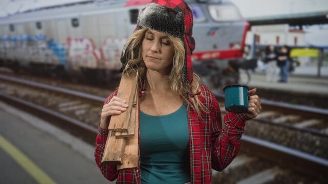 Woman holds wooden planks over shoulder and teal mug, eyes closed on train platform; solitude resilience.