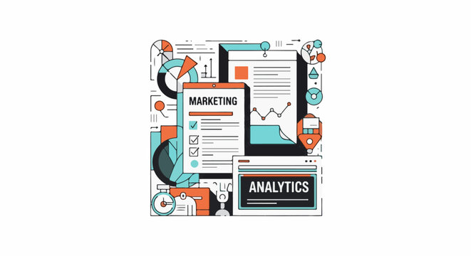 Illustration of marketing data analysis with charts graphs and task lists