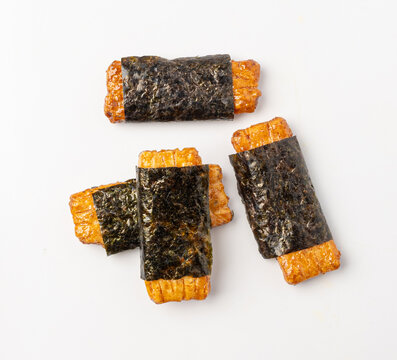 Senbei isolated, kaki no tane rice crackers, japanese crispy snack, sembei, okaki with wasabi, nori