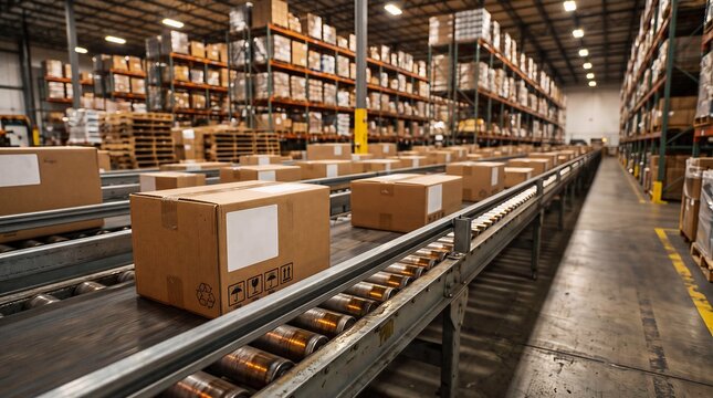 Cardboard boxes moving along conveyor belt in large distribution warehouse with warehouse logistics conveyor shipping distribution industry packaging delivery