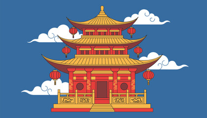 Fototapeta premium Detailed architectural illustration of a traditional red and gold Chinese pagoda with hanging lanterns under clouds.