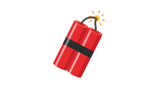 Two red sticks of dynamite bound together with black tape and featuring a lit burning fuse against a white background.