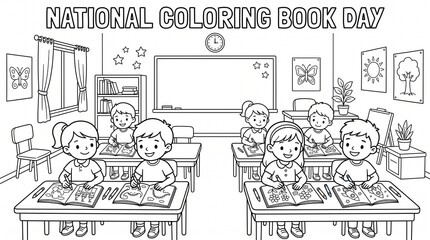 Obraz premium National Coloring Book Day Classroom Line Art Illustration with Children Drawing Coloring Page Design