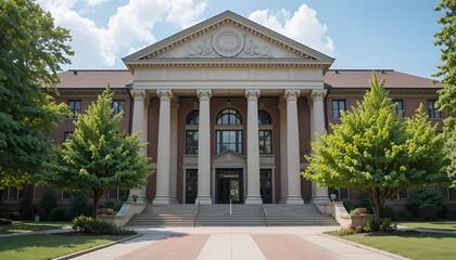 Obraz premium Classical architecture building with white columns and brick facade exterior