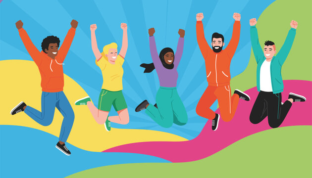 Group of five diverse friends jumping high in the air with hands raised to celebrate success and happiness.