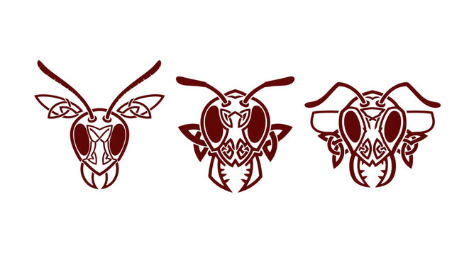 Three Intricate Red Insect Head Designs.