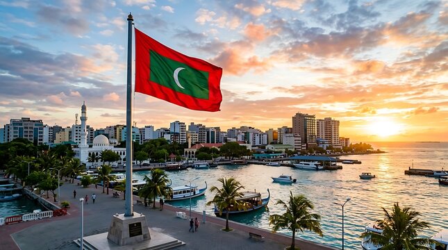 Waving Maldives national flag over Male city skyline at sunset with golden hour light