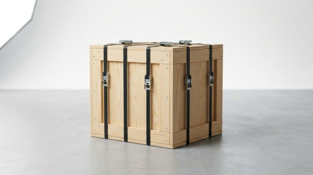 Wooden shipping crate with metal clasps for secure cargo transport and storage.
