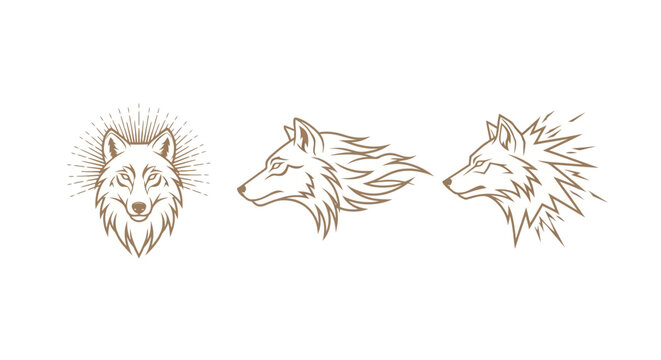 Three stylized wolf head illustrations in brown ink.