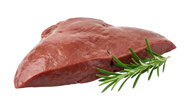 Raw beef liver slice with fresh rosemary sprig isolated on transparent background