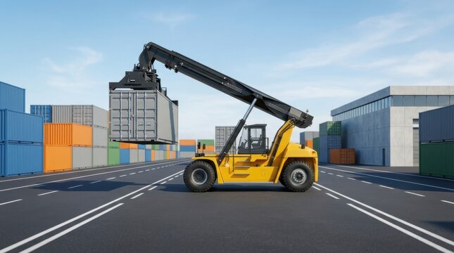 Yellow reach stacker lifting shipping container in port yard, logistics hub.