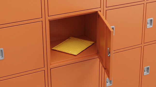 Yellow padded package resting inside an orange metal school locker with envelope delivery shipping compartment business security correspondence logistics mailroom