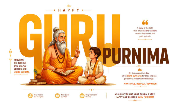 Guru Purnima celebration featuring guru teaching young disciple, symbolizing Guru Shishya tradition, sacred knowledge, Vedic learning, Hindu festival greeting design.