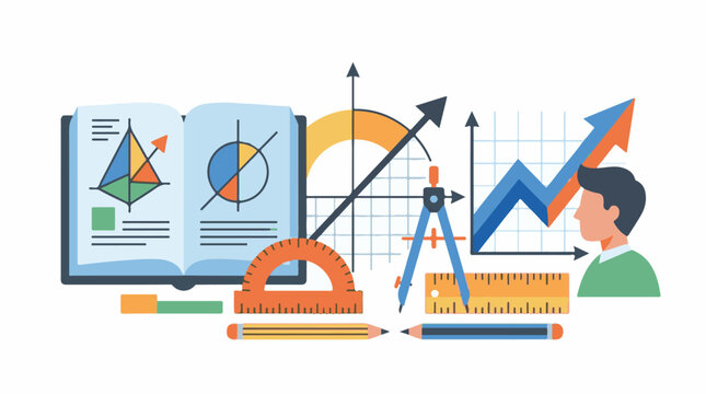 A colorful illustration of a man looking at various graphs and charts with drawing tools