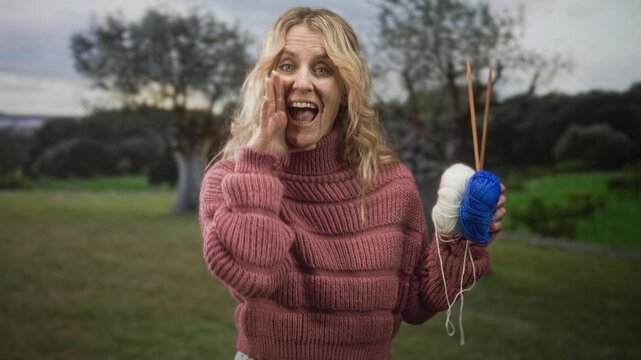 Middle age blonde woman cupping hand to mouth holding blue and white yarn with knitting needles in a forest clearing, smiling; crafting joy connection.