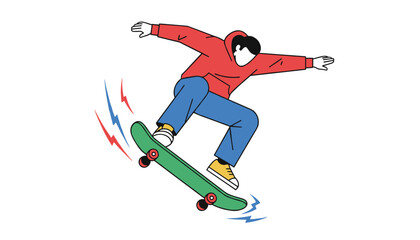 Obraz premium Skateboarder wearing a red hoodie and blue pants performs an active trick on a green skateboard against a white background.