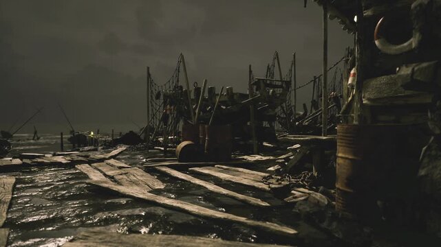 Wet wooden pier under stormy sky, slick planks and scattered barrels, tangled nets and distant cranes, heavy clouds casting moody reflections on puddles, tense