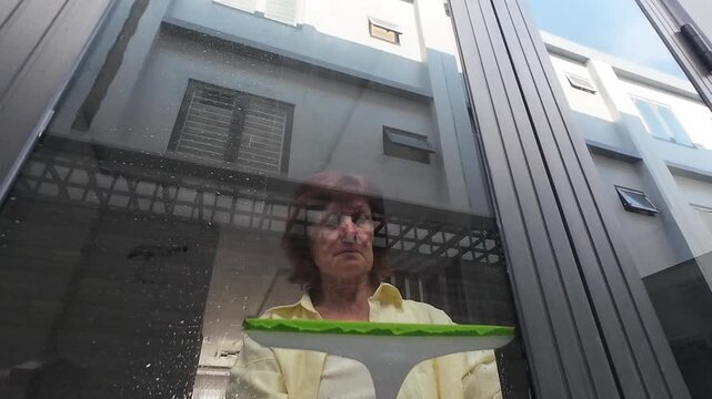 Woman achieves spotless shine using professional window squeegee. Lightweight window squeegee tool with comfortable green handle helps female worker quickly wipe off remaining water drops.