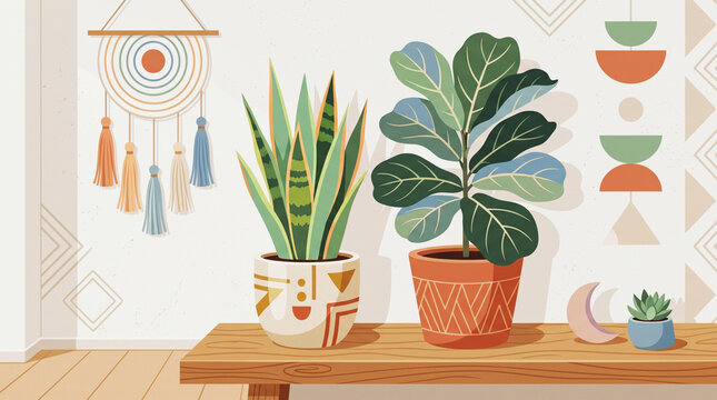 Cozy boho-style interior illustration with potted snake plant and fiddle leaf fig, wall macrame decor, and warm minimalist aesthetic.