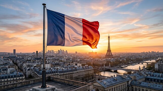 Waving French flag over Paris city skyline at sunset with iconic tower in the background