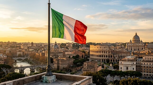 Waving Italian flag over the historic Rome city skyline at sunset with warm golden light