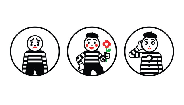 Three circular icons depicting a mime artist expressing various emotions such as sadness, joy with a flower, and curious listening.