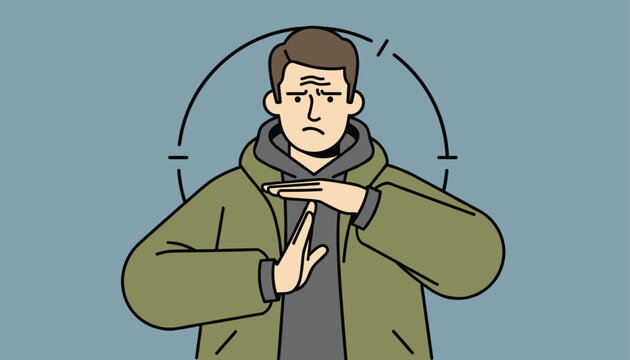 Serious man in a warm winter jacket making a timeout hand gesture against a plain blue background with a circular graphic element.