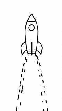 Minimalist line art of rocket ship launching.