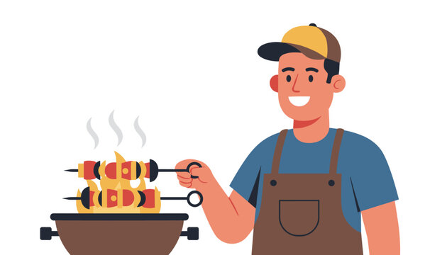 Smiling male chef in a brown apron and yellow baseball cap grilling delicious meat skewers over a hot burning barbecue.
