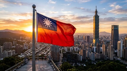 Fototapeta premium Waving Taiwan flag over the Taipei city skyline at sunset with a golden warm light aesthetic