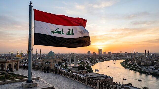 Waving Iraq flag over the Baghdad city skyline at sunset with a scenic river view