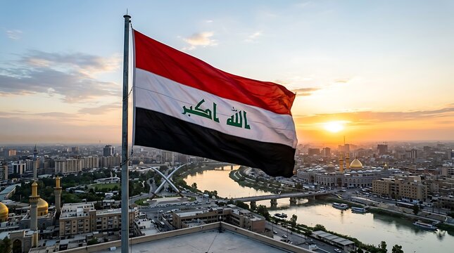 Waving Iraq flag over Baghdad city skyline at sunset with golden hour light and urban landscape