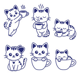 Fototapeta premium コーヒーカップと一緒にかわいい猫たちのイラストセット